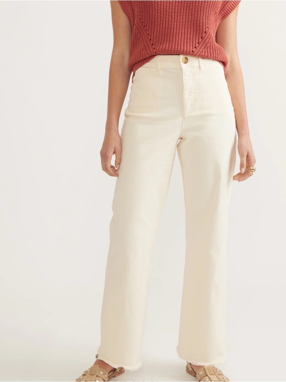 Marine Layer Wide Leg Pant Cream Pants with Raw Hem Detail - Picture 2 of 6